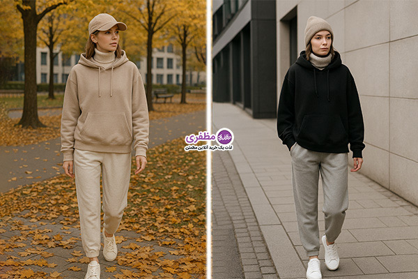 بلوز بافت یقه اسکی زنانه با هودی و شلوار اسلش و کلاه