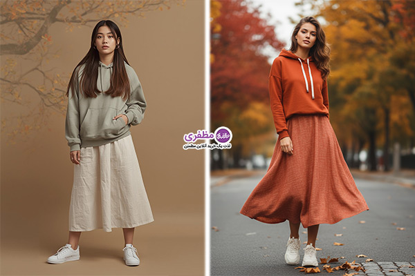 ست کردن دامن لینن با هودی دخترانه اسپرت