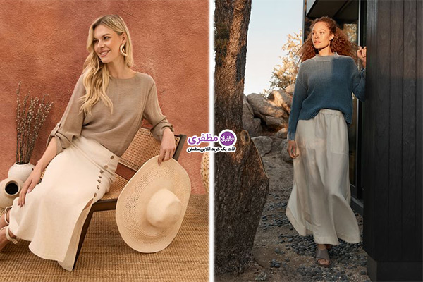 استایل بلوز بافت زنانه با دامن لینن
