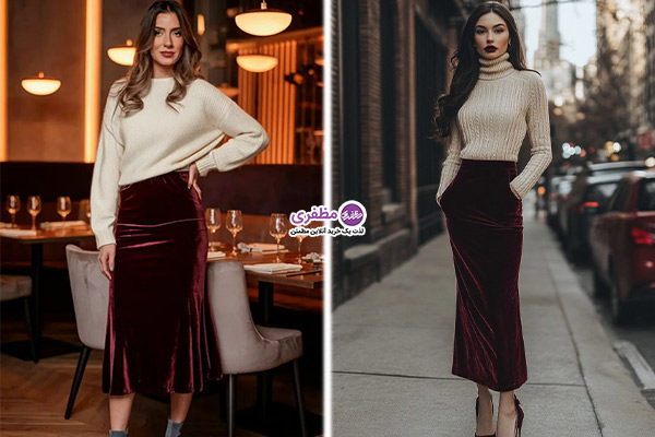 استایل با دامن پاییزی مخمل کبریتی