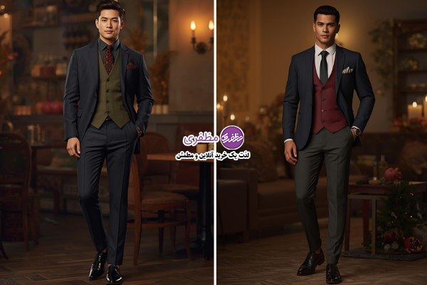 کت بلیزر تیره با جلیقه‌ای به رنگ اناری