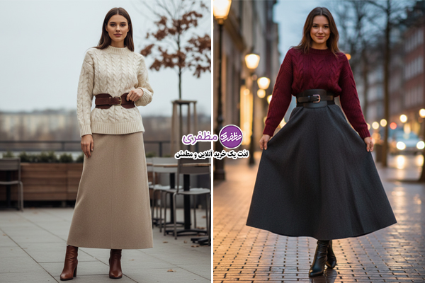 استایل بیرونی دورس با دامن بلند پشمی و کمربند پهن