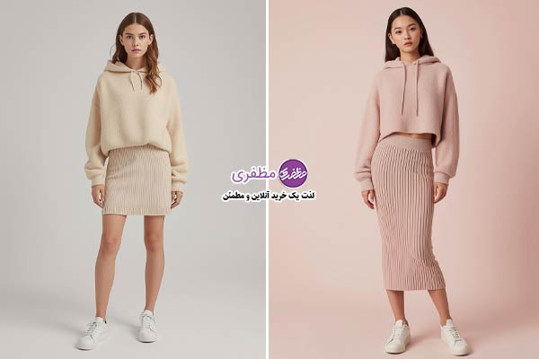 ست دامن بافت با هودی کراپ