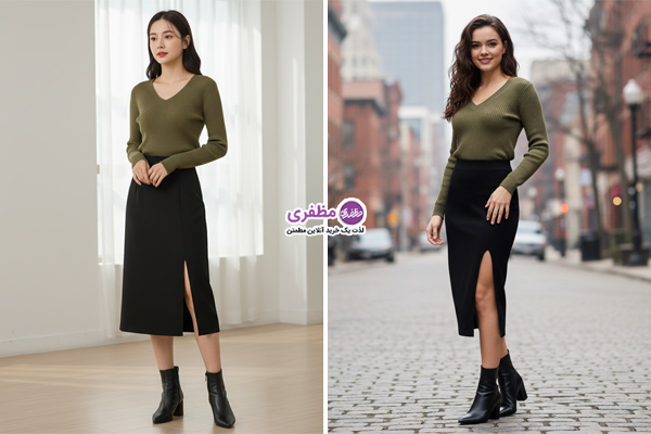 ست بافت فیت یقههفت با دامن میدی چاکدار و بوت ساقکوتاه