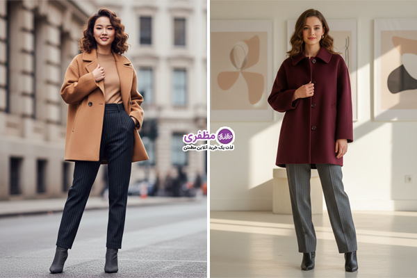 کت پشمی کوتاه اورسایز با شلوار پارچهای خطدار عمودی و بوت نوکتیز