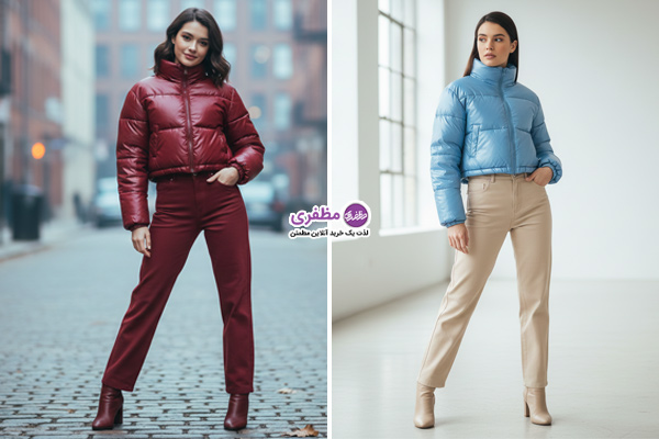 کاپشن کراپ براق با شلوار فاقبلند راسته و بوت همرنگ شلوار