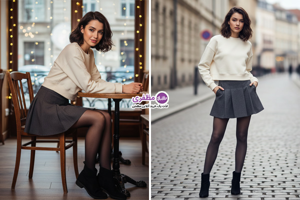 استایل دامن کوتاه با پلیور یا دورس ساده زمستانی
