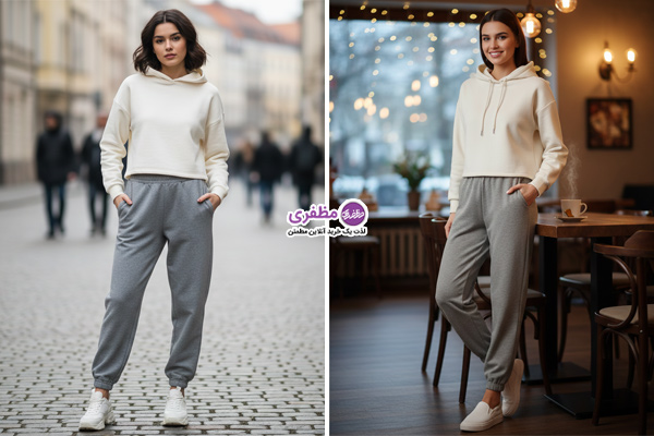 استایل هودی ساده با شلوار اسلش گشاد فاقبلند