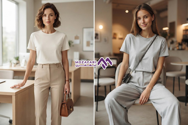 ست تیشرت ساده زنانه با شلوار پارچه‌ای