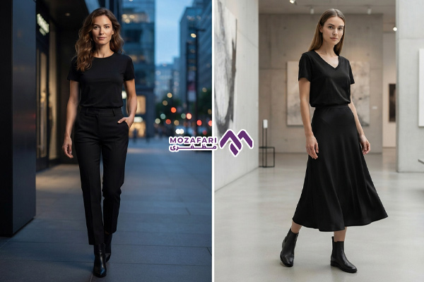 استایل تمام مشکی با تیشرت زنانه، ترکیبی شیک و جذاب​​​​​​​